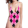 Black And Pink Argyle Pattern Print One Piece High Cut Swimsuit