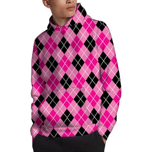 Black And Pink Argyle Pattern Print Pullover Hoodie