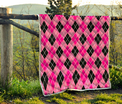 Black And Pink Argyle Pattern Print Quilt