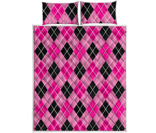 Black And Pink Argyle Pattern Print Quilt Bed Set
