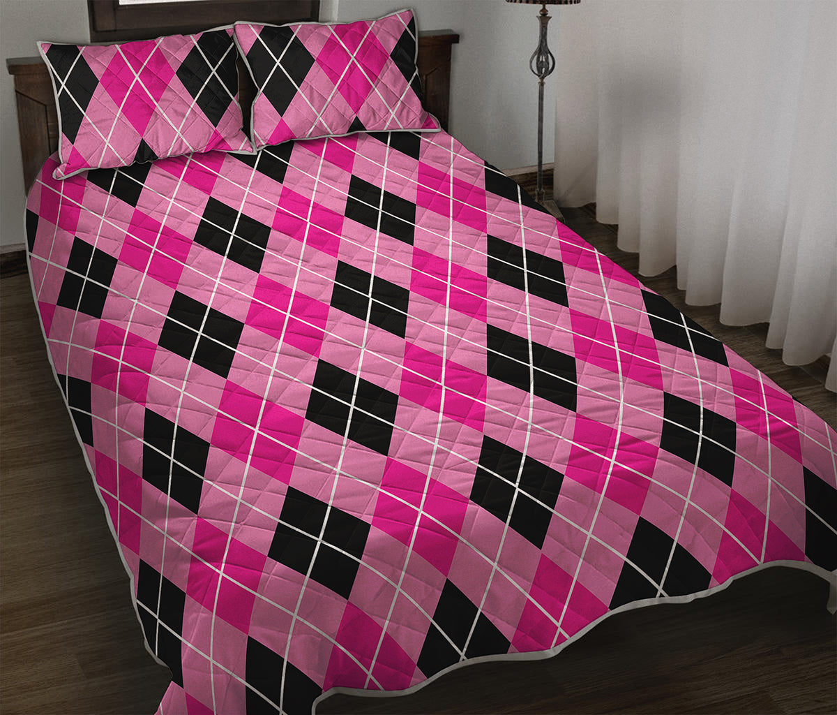 Black And Pink Argyle Pattern Print Quilt Bed Set