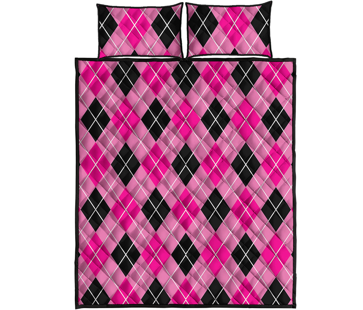 Black And Pink Argyle Pattern Print Quilt Bed Set