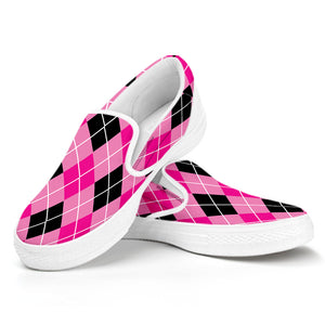 Black And Pink Argyle Pattern Print White Slip On Shoes