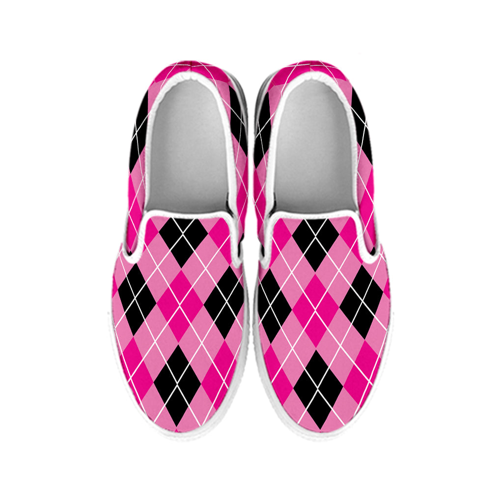 Black And Pink Argyle Pattern Print White Slip On Shoes