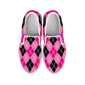 Black And Pink Argyle Pattern Print White Slip On Shoes