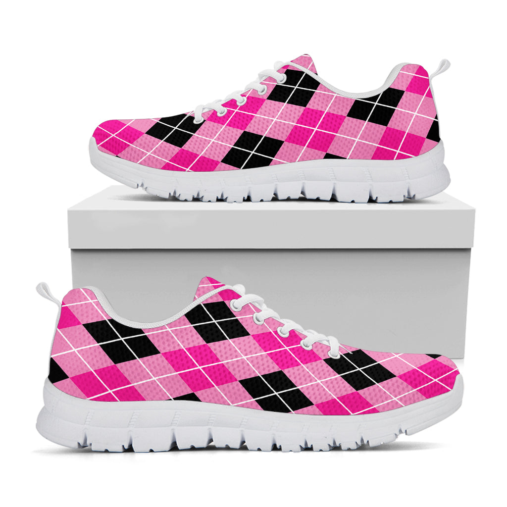 Black And Pink Argyle Pattern Print White Sneakers