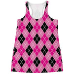 Black And Pink Argyle Pattern Print Women's Racerback Tank Top