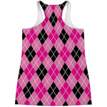 Black And Pink Argyle Pattern Print Women's Racerback Tank Top