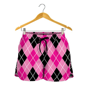 Black And Pink Argyle Pattern Print Women's Shorts