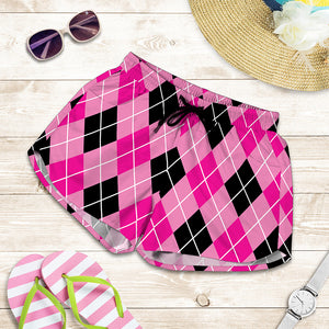 Black And Pink Argyle Pattern Print Women's Shorts