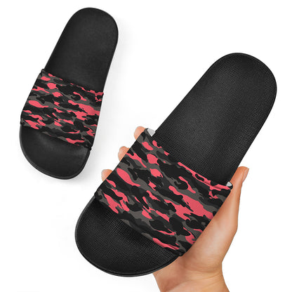 Black And Pink Camouflage Print Black Slide Sandals