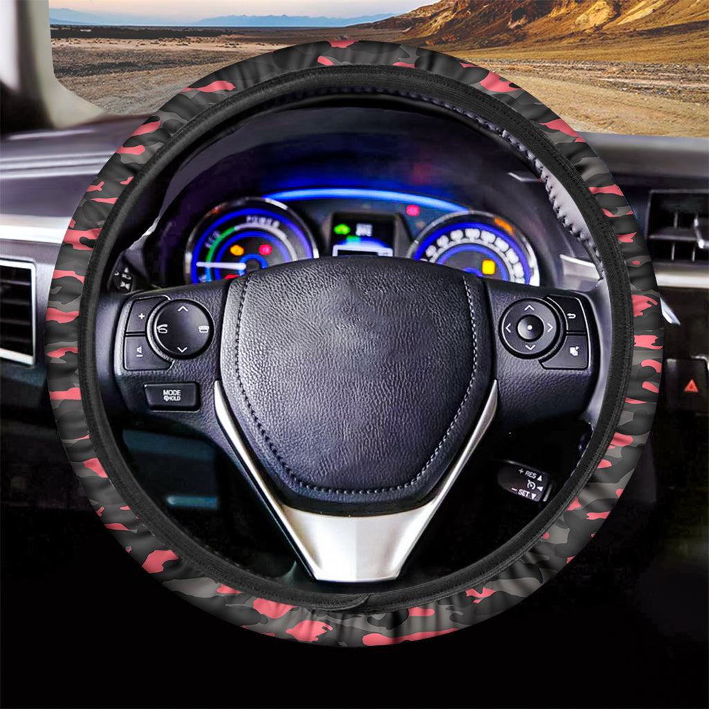 Black And Pink Camouflage Print Car Steering Wheel Cover