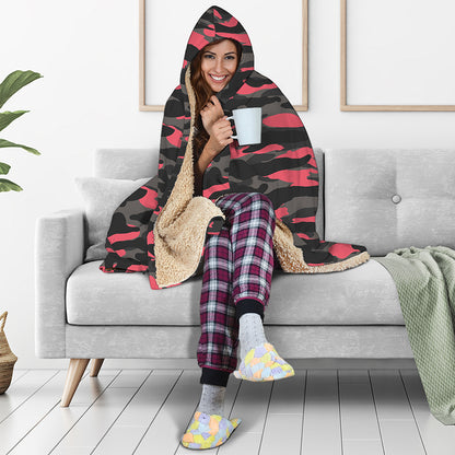 Black And Pink Camouflage Print Hooded Blanket