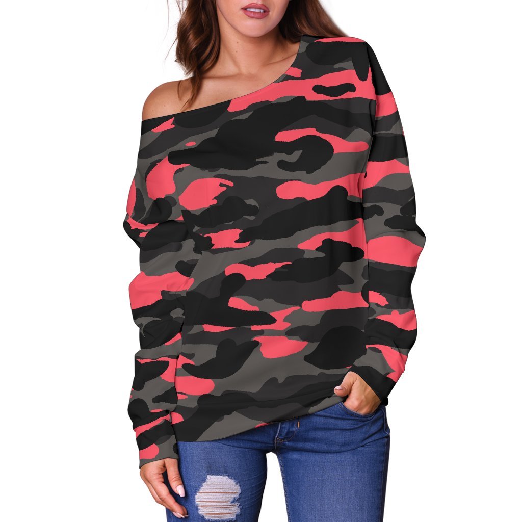 Black And Pink Camouflage Print Off Shoulder Sweatshirt GearFrost