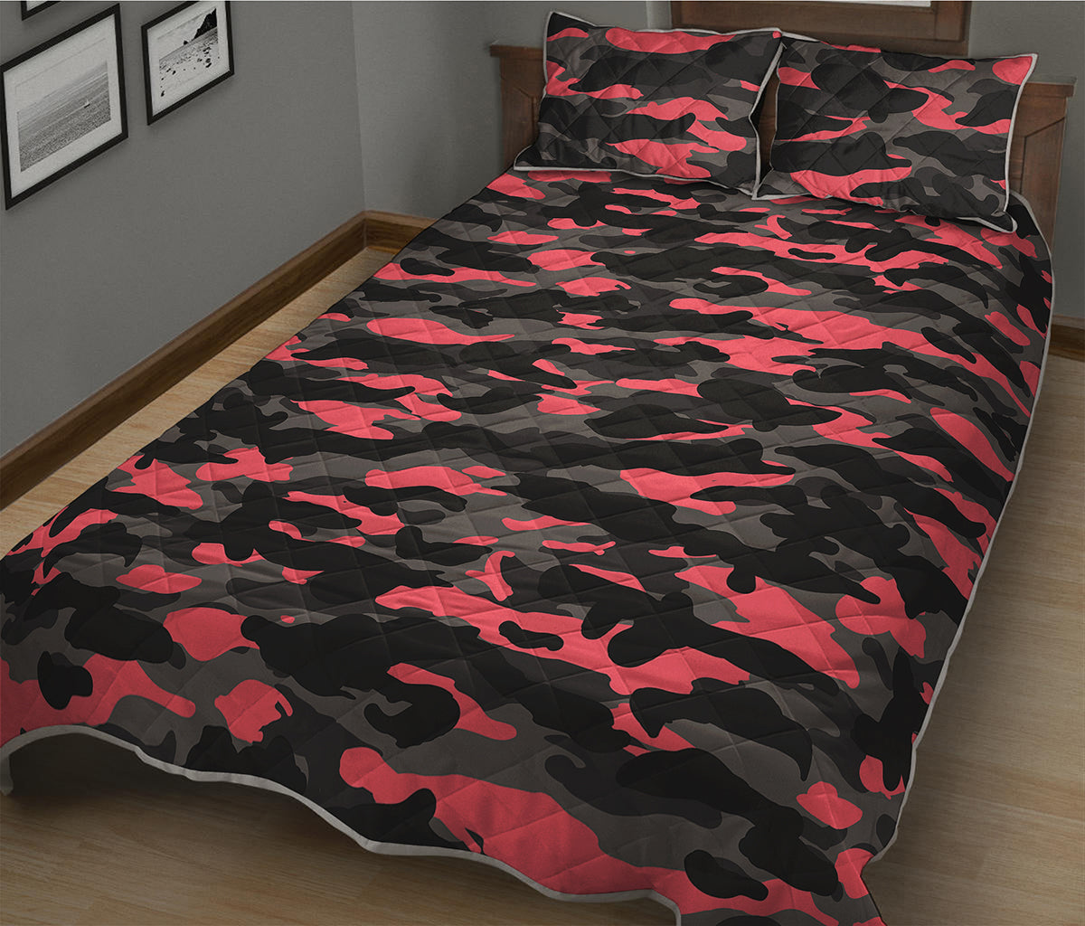 Black And Pink Camouflage Print Quilt Bed Set