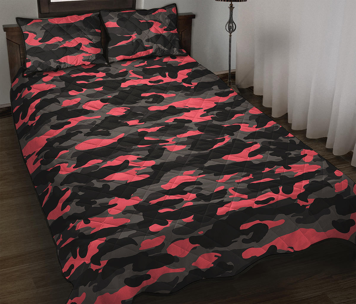 Black And Pink Camouflage Print Quilt Bed Set