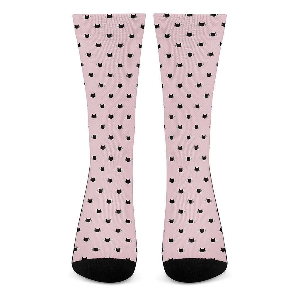 Black And Pink Cat Pattern Print Crew Socks