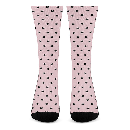 Black And Pink Cat Pattern Print Crew Socks