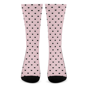 Black And Pink Cat Pattern Print Crew Socks