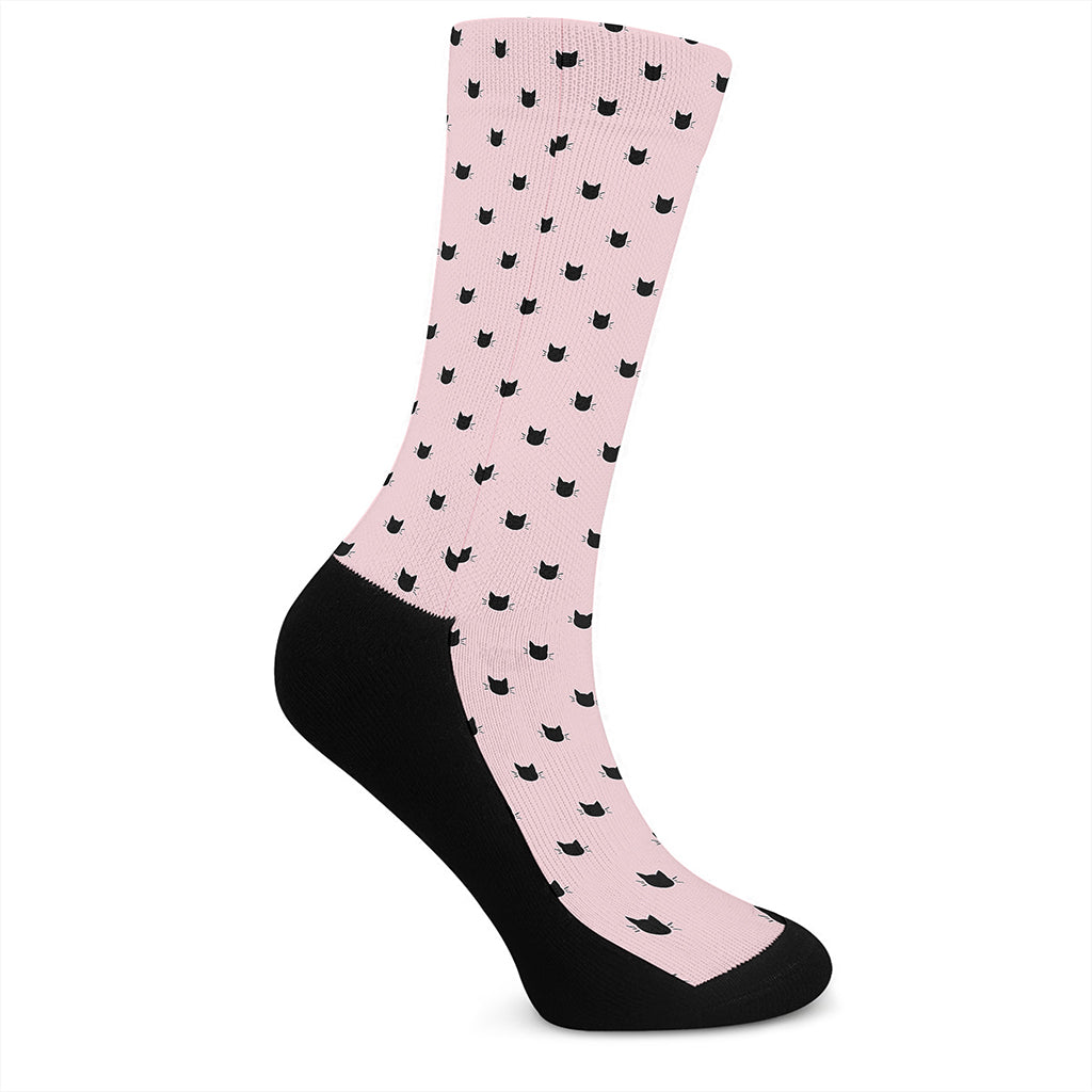 Black And Pink Cat Pattern Print Crew Socks