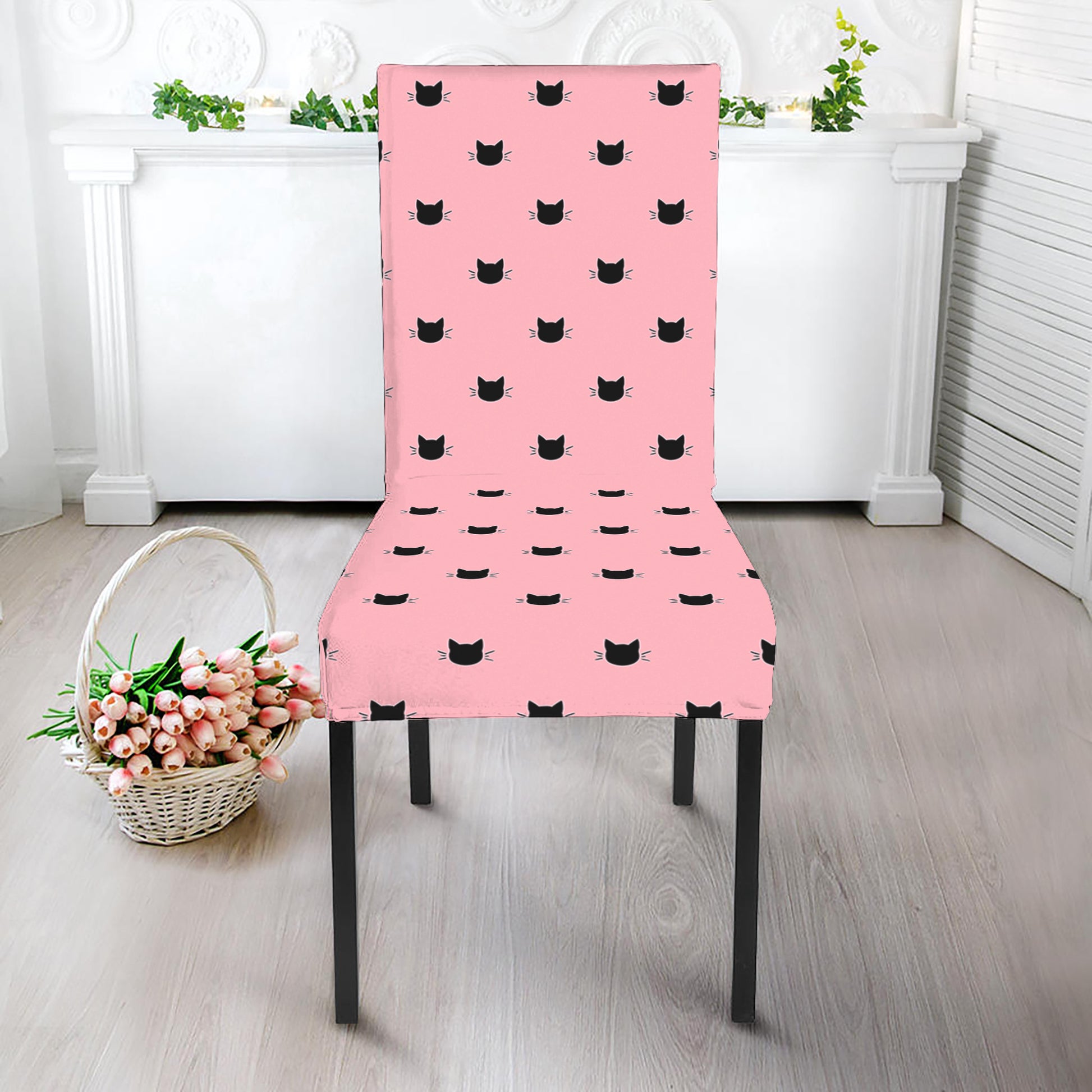 Black And Pink Cat Pattern Print Dining Chair Slipcover