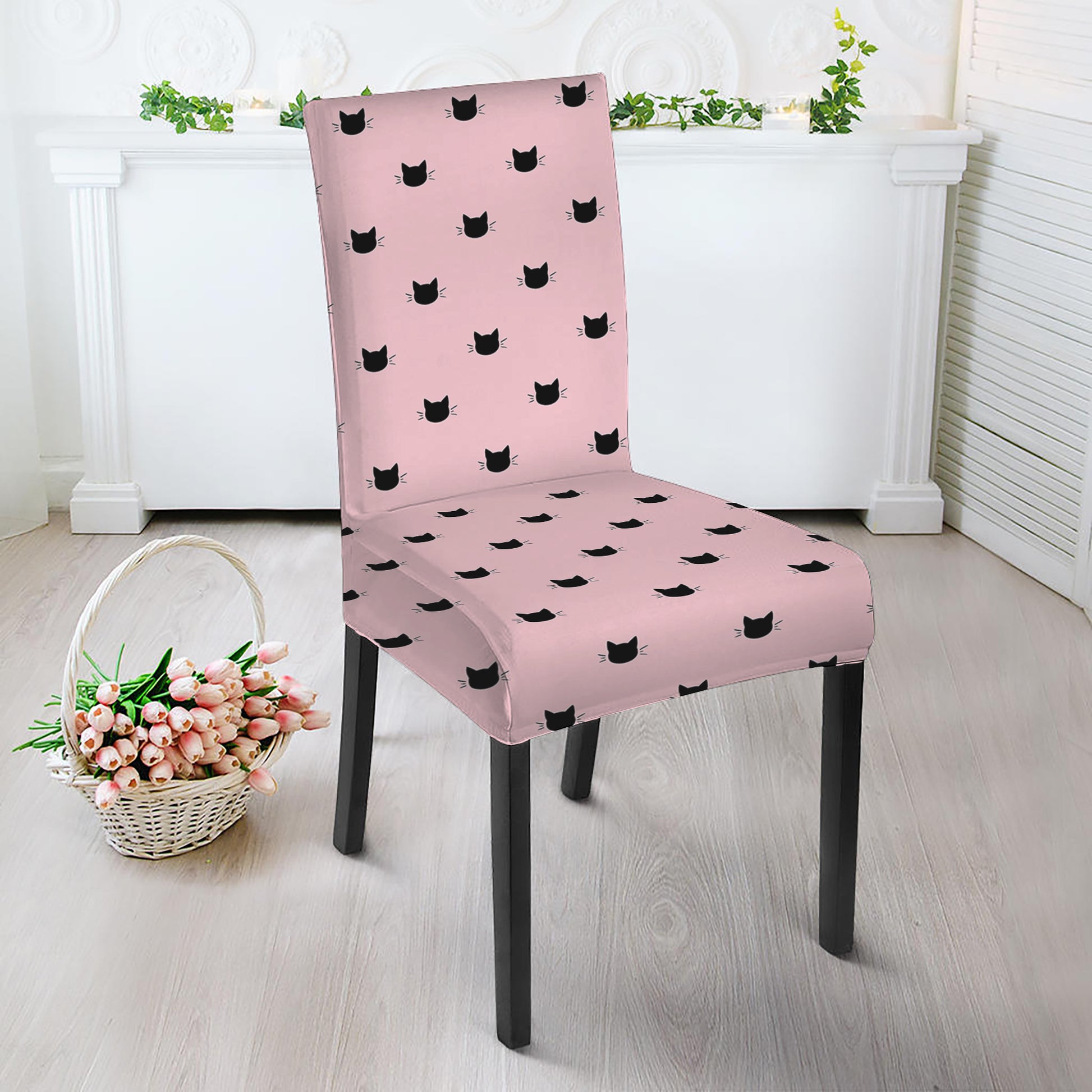 Black And Pink Cat Pattern Print Dining Chair Slipcover