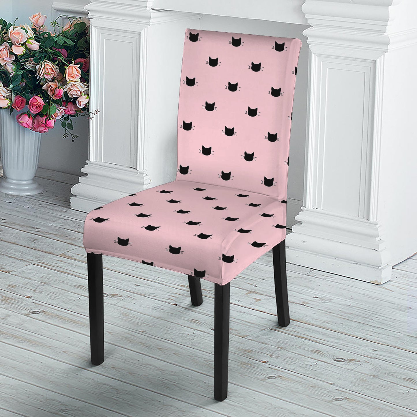 Black And Pink Cat Pattern Print Dining Chair Slipcover