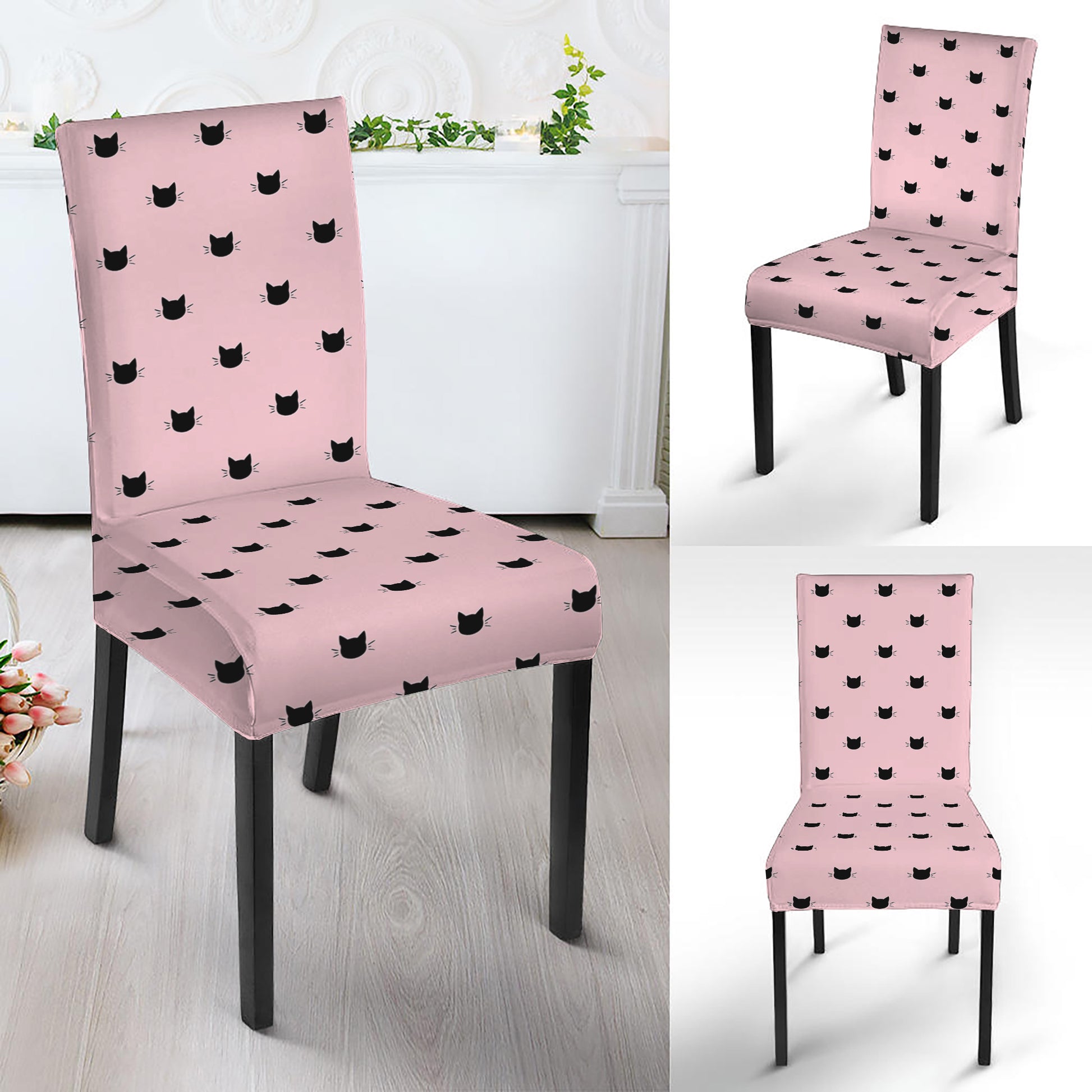 Black And Pink Cat Pattern Print Dining Chair Slipcover