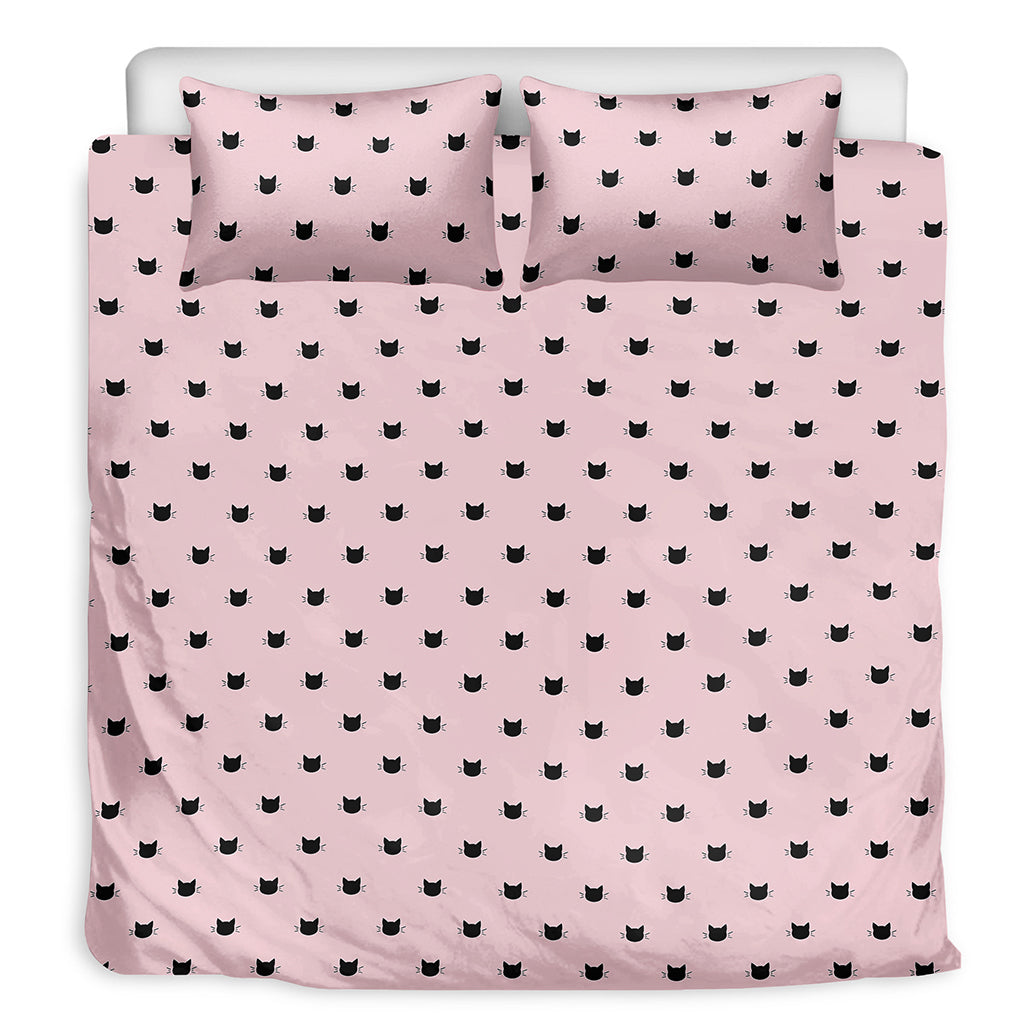 Black And Pink Cat Pattern Print Duvet Cover Bedding Set