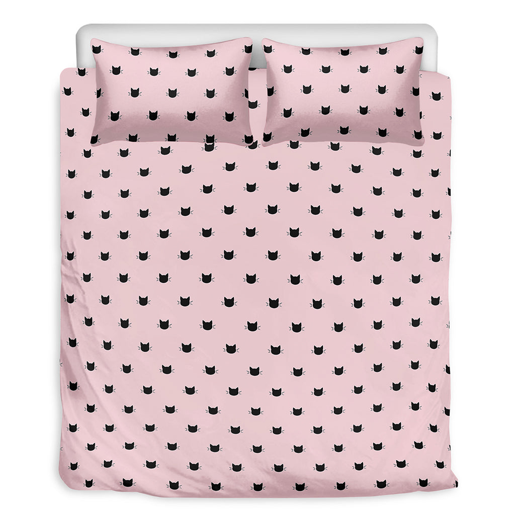 Black And Pink Cat Pattern Print Duvet Cover Bedding Set