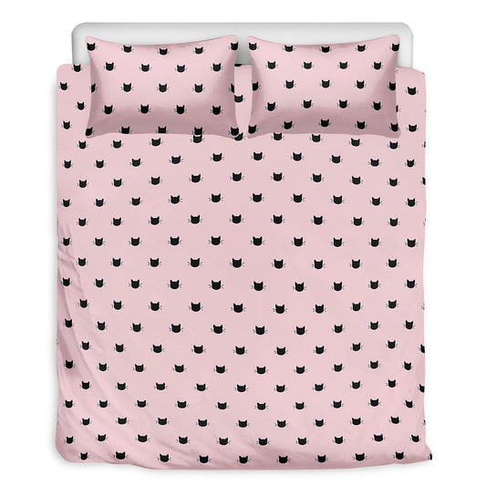 Black And Pink Cat Pattern Print Duvet Cover Bedding Set