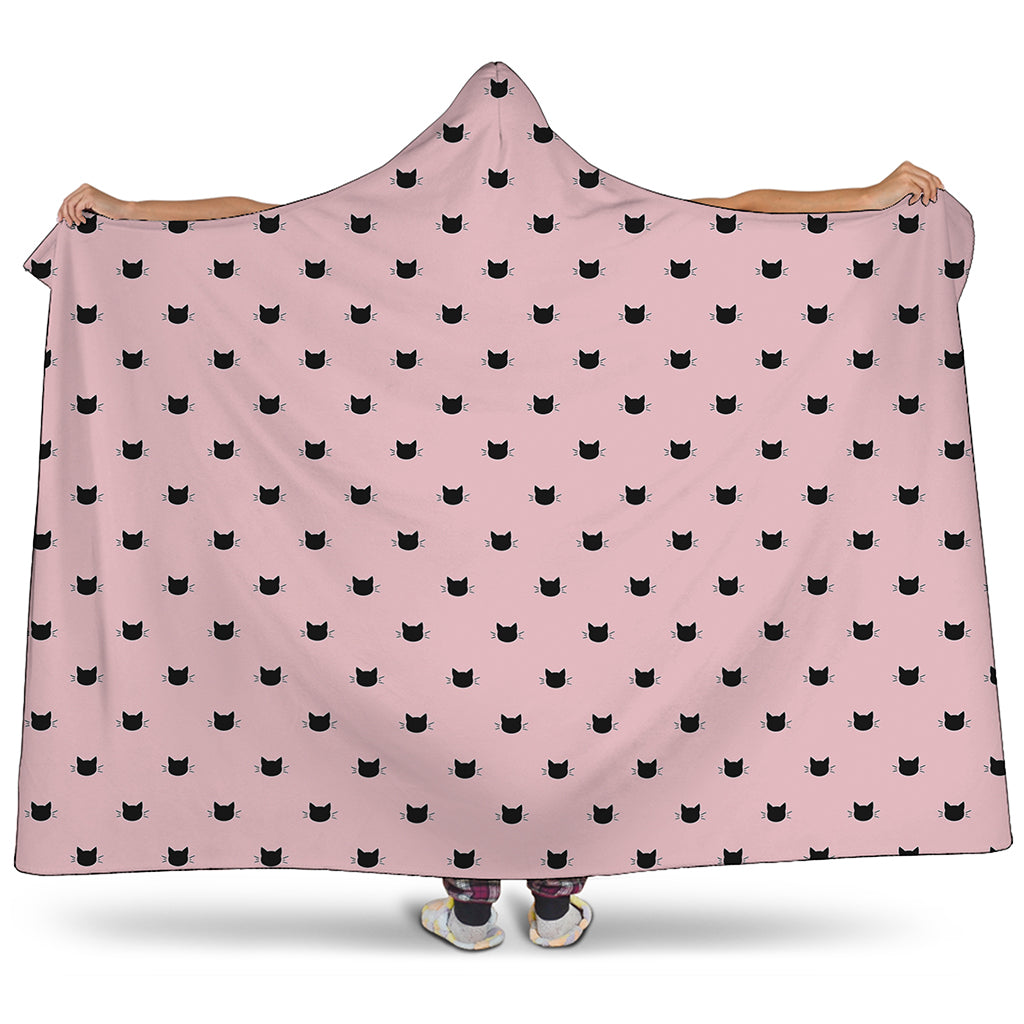 Black And Pink Cat Pattern Print Hooded Blanket