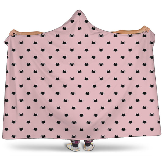 Black And Pink Cat Pattern Print Hooded Blanket