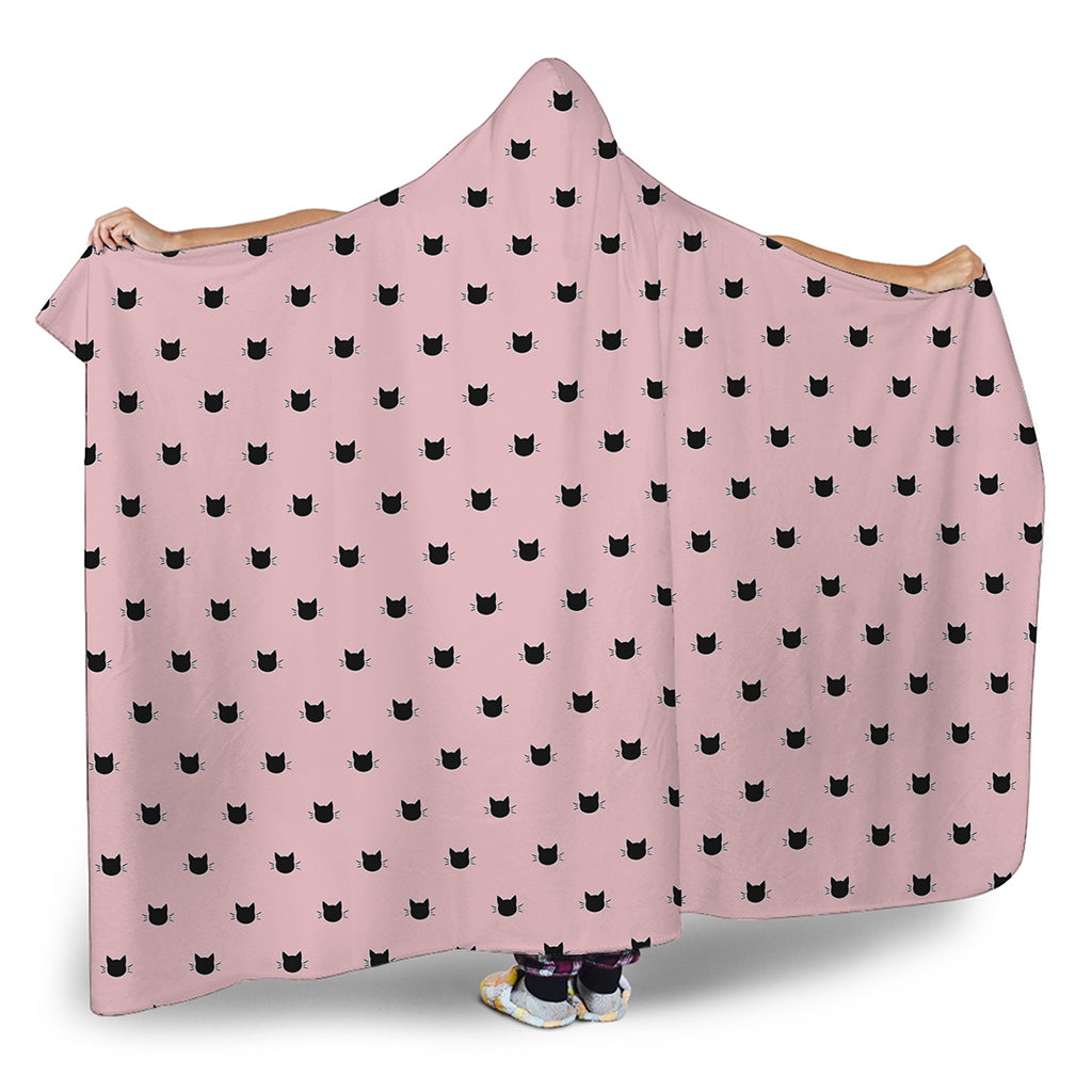 Black And Pink Cat Pattern Print Hooded Blanket