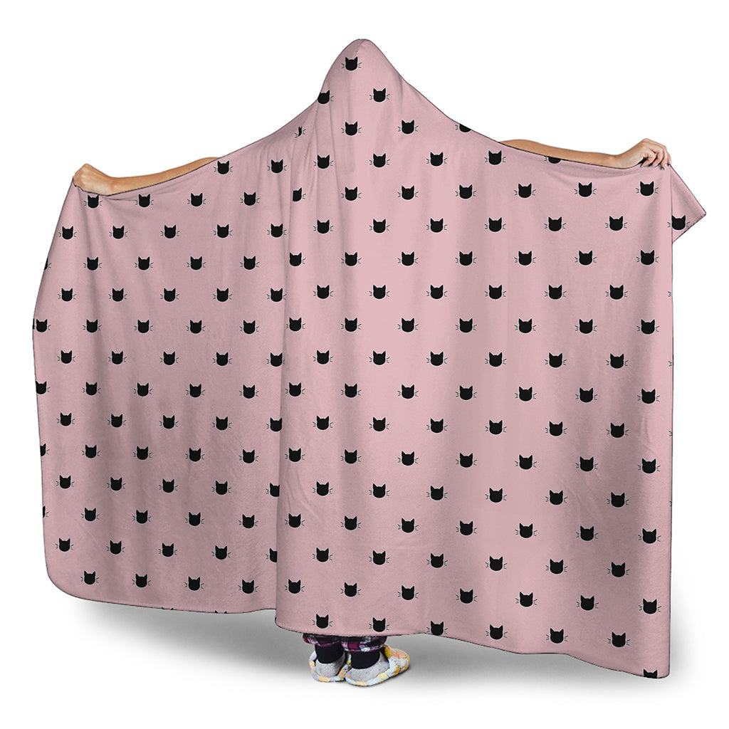 Black And Pink Cat Pattern Print Hooded Blanket