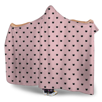 Black And Pink Cat Pattern Print Hooded Blanket