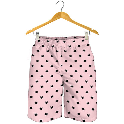 Black And Pink Cat Pattern Print Men's Shorts