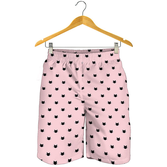 Black And Pink Cat Pattern Print Men's Shorts