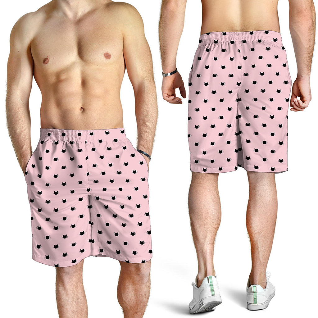 Black And Pink Cat Pattern Print Men's Shorts