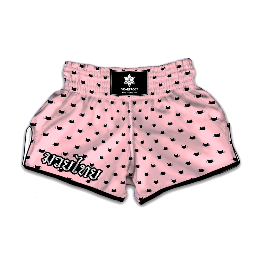 Black And Pink Cat Pattern Print Muay Thai Boxing Shorts