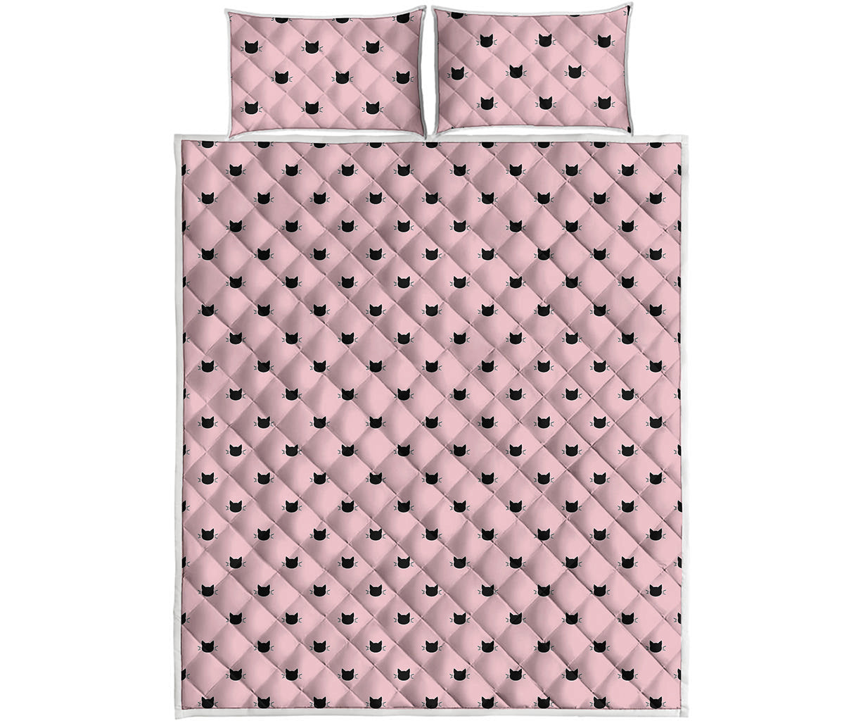 Black And Pink Cat Pattern Print Quilt Bed Set