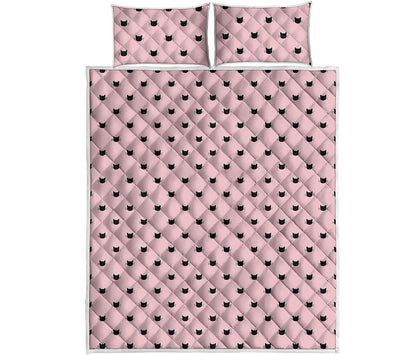 Black And Pink Cat Pattern Print Quilt Bed Set