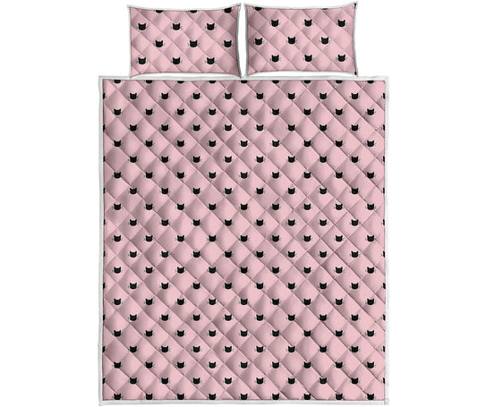 Black And Pink Cat Pattern Print Quilt Bed Set