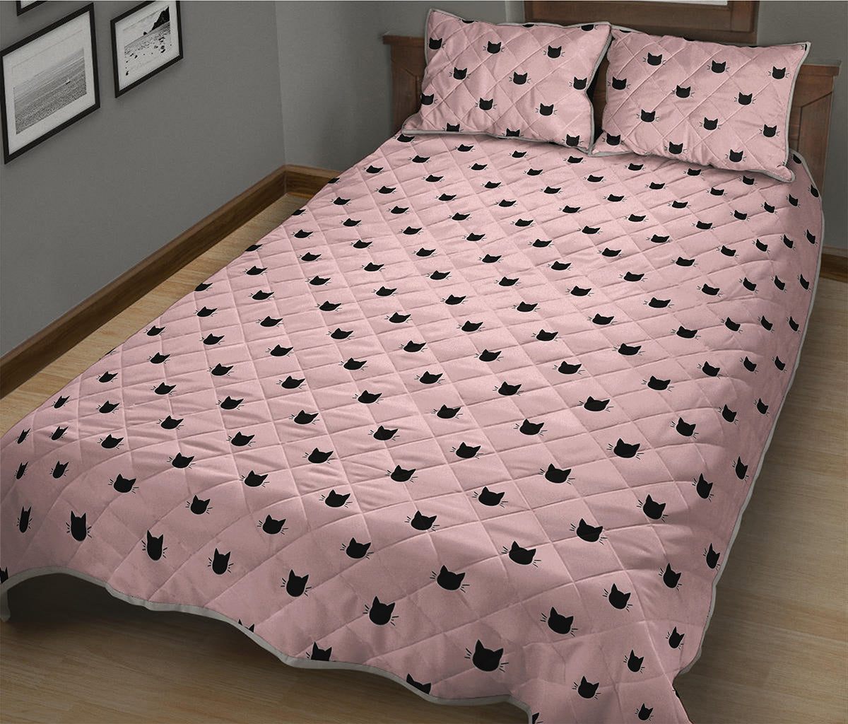 Black And Pink Cat Pattern Print Quilt Bed Set