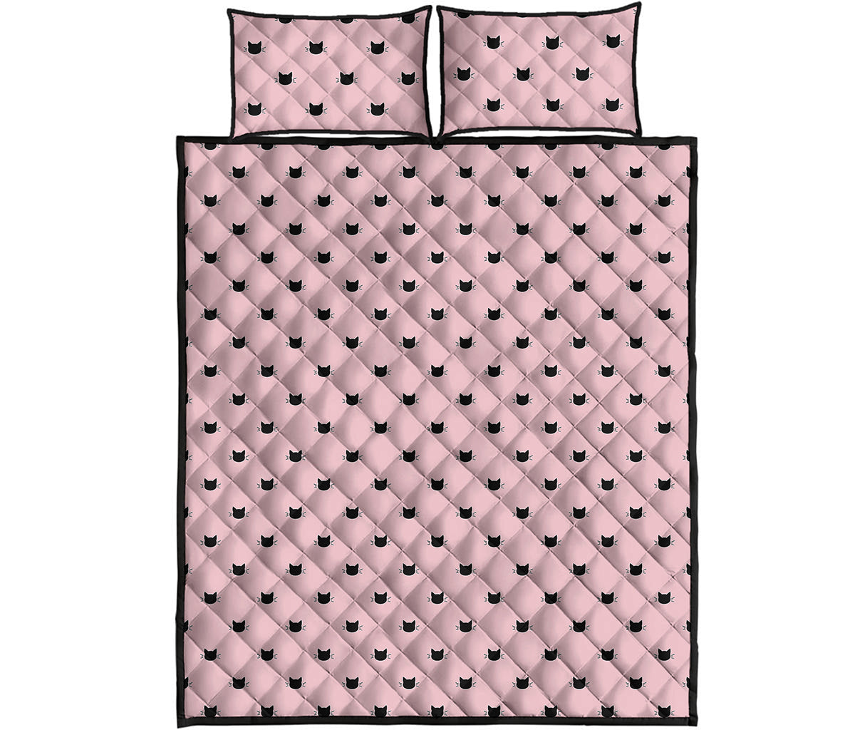 Black And Pink Cat Pattern Print Quilt Bed Set