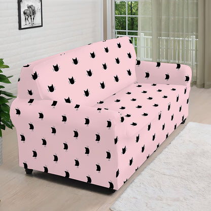 Black And Pink Cat Pattern Print Sofa Cover