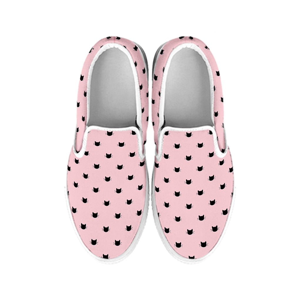 Black And Pink Cat Pattern Print White Slip On Shoes