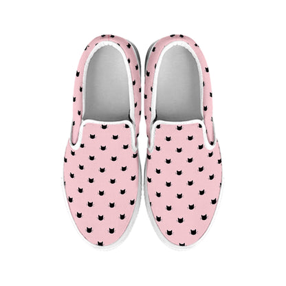 Black And Pink Cat Pattern Print White Slip On Shoes