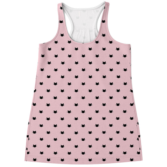 Black And Pink Cat Pattern Print Women's Racerback Tank Top