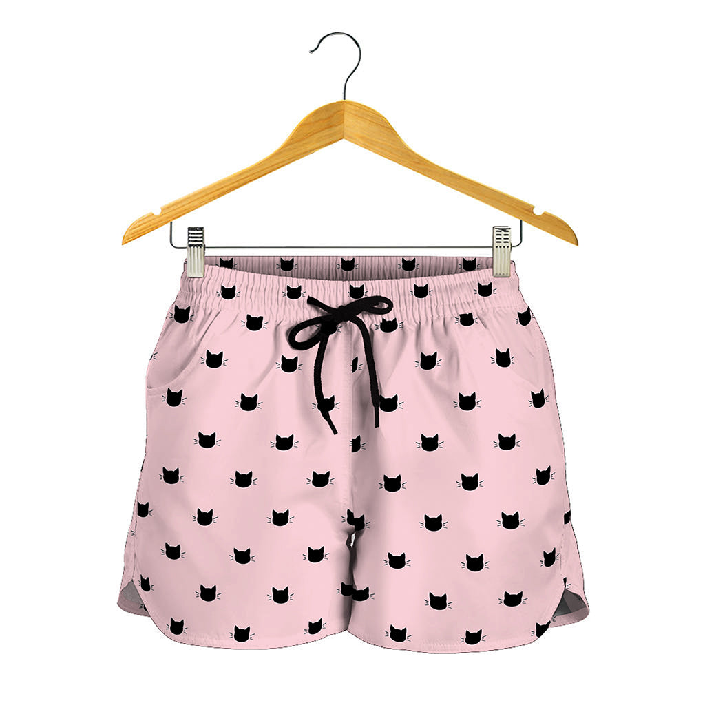 Black And Pink Cat Pattern Print Women's Shorts
